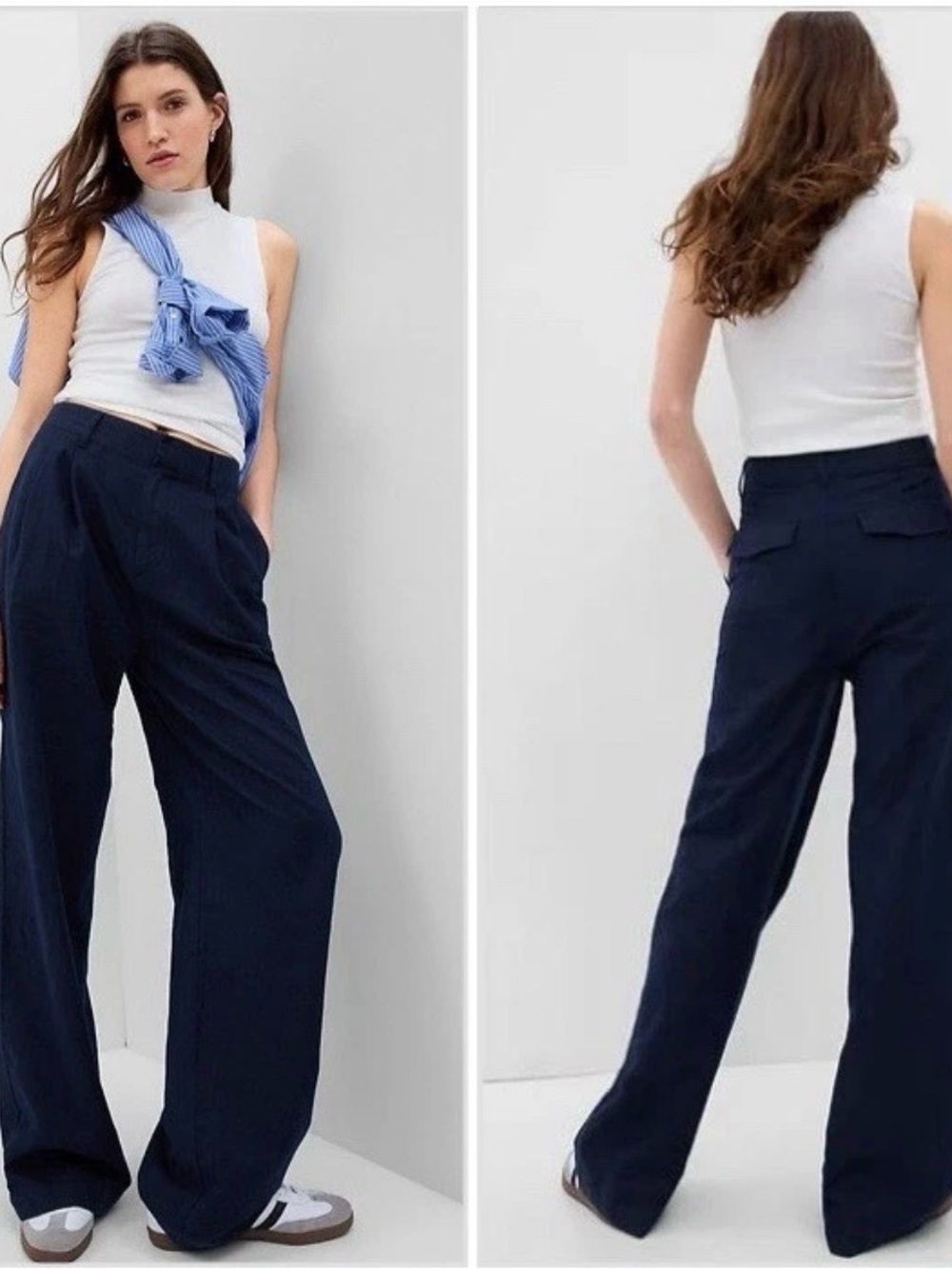Like new Gap Linen Blend Pleated pants in Navy with back flap pocketed size 4.